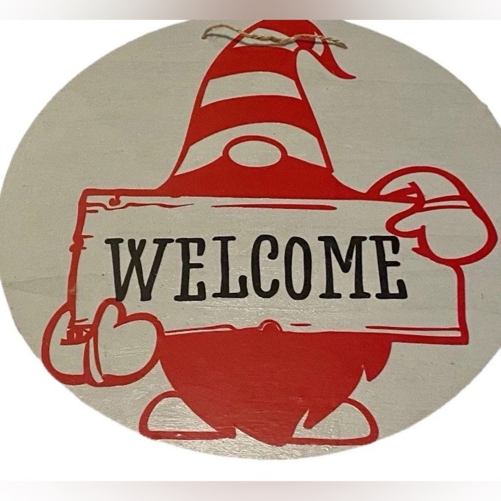 🔥🏷️Welcome Sign Front Door Round Wood Hanging 12” Gnome Theme